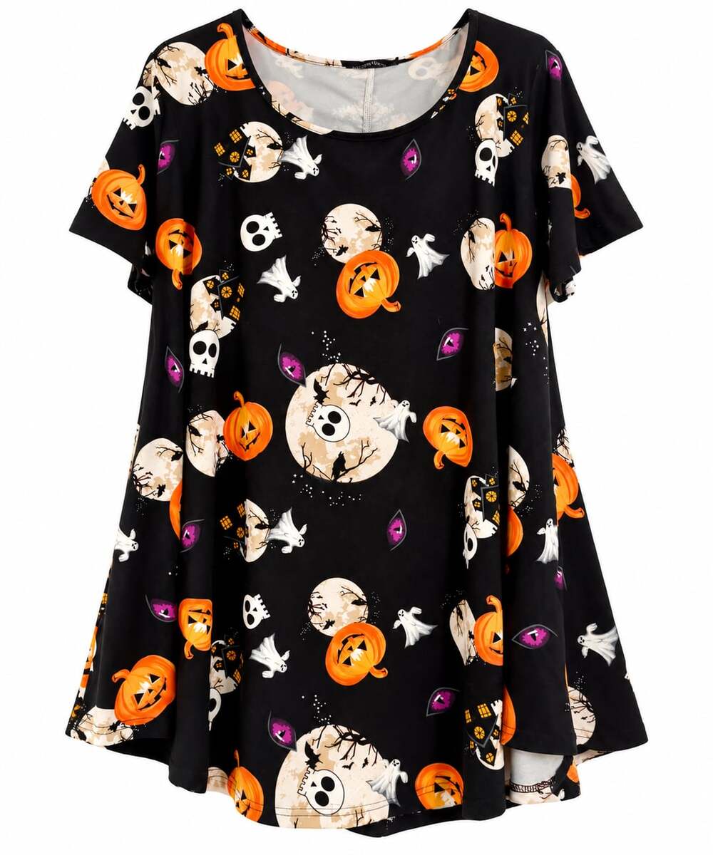 MONNURO 3X Halloween Pumpkin Ghost Skull Tunic Top Black Orange Spooky Plus Size